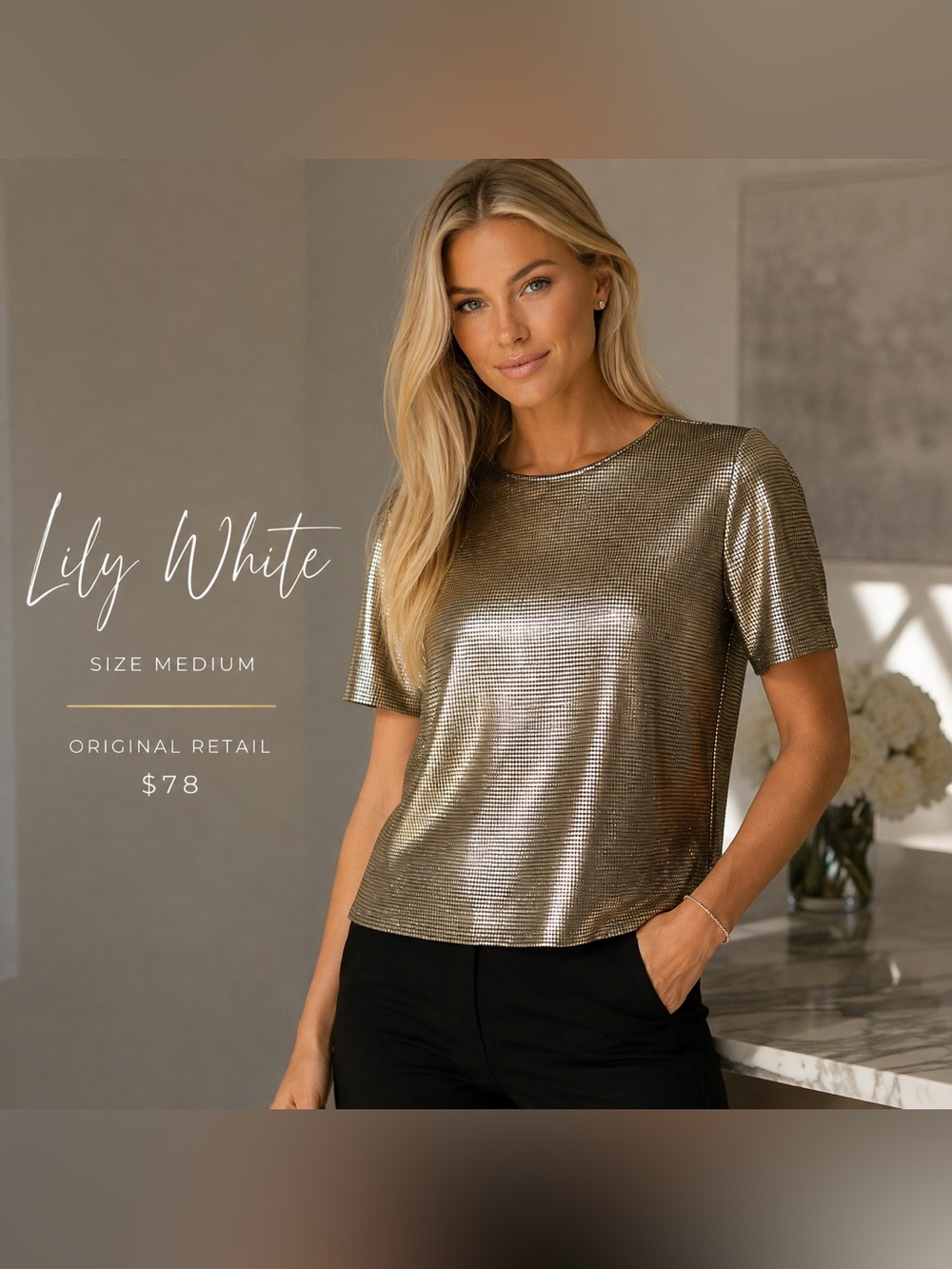 Lily White Metallic Gold Short-Sleeve Top